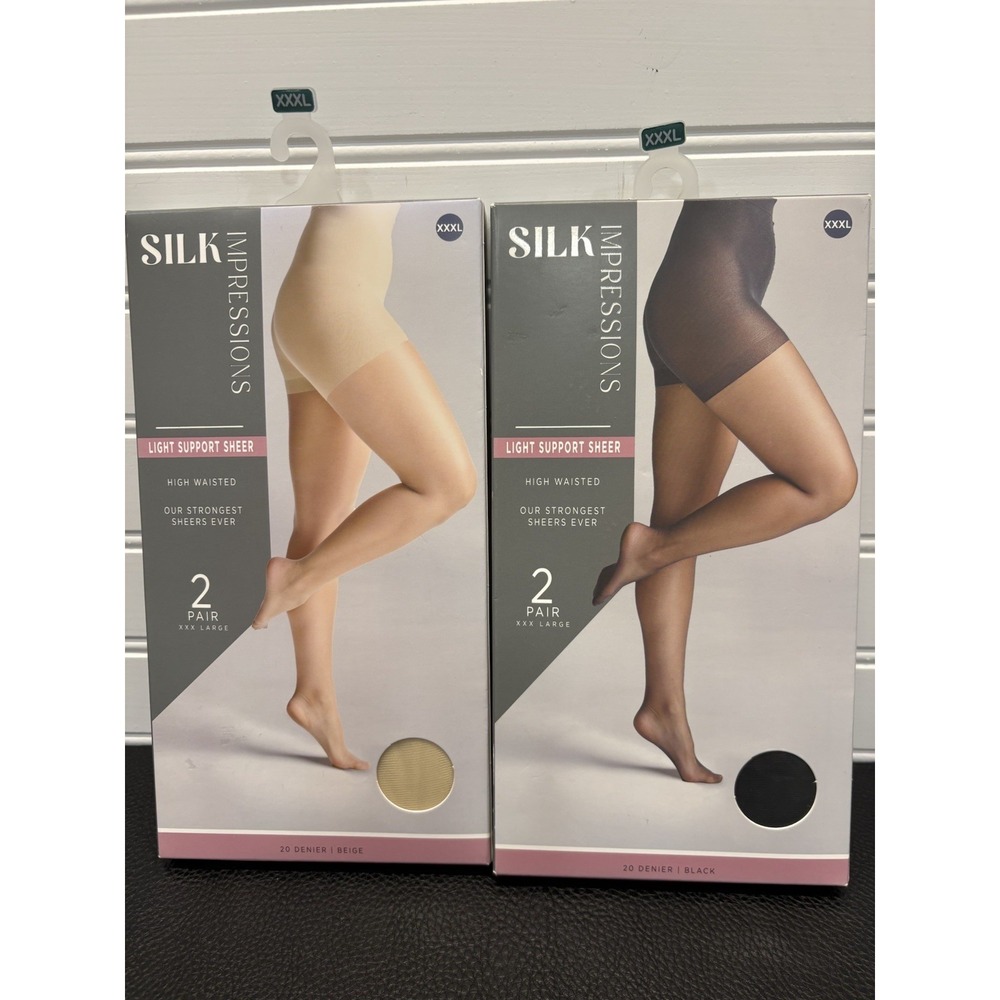 Silk Impressions Pantyhose 3XL  2Pr BEIGE & 2 Pr BLACK Light Support